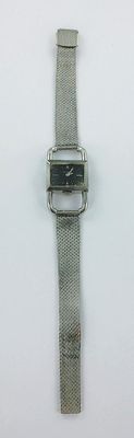 an image of a silver watch with a black face on a white surface