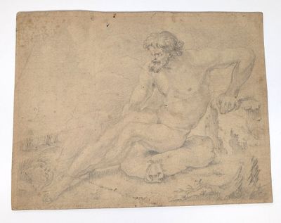 an old drawing of a man sitting on a rock with a dog