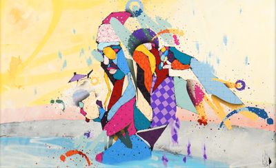 painting of a woman in a colorful dress walking on a beach