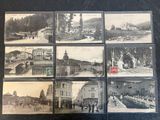 several old black and white photographs of a town with a bridge