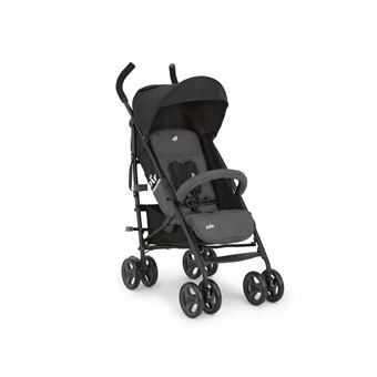 La poussette a un siège noir et des roues noires.