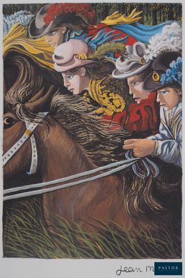 un tableau représentant un homme à cheval avec une femme à ses côtés
