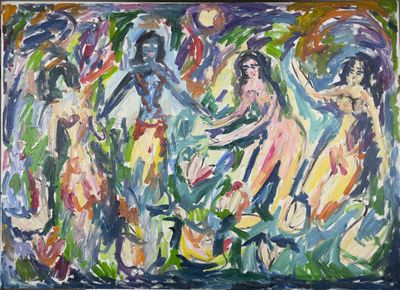 une peinture à l'huile représentant un groupe de personnes debout devant un tableau