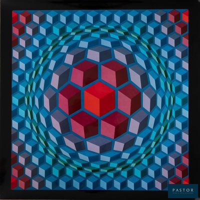 peinture abstraite représentant un motif géométrique rouge, bleu et vert