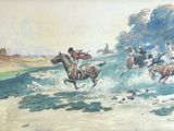 un tableau représentant un homme à cheval sur la plage