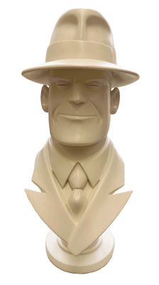 a bust of a man wearing a hat and a suit