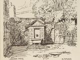 an ink drawing of a garden with a shed in the background