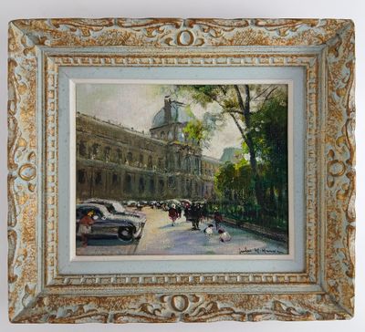 une peinture à l'huile représentant une scène de rue avec, au premier plan, un cheval et une calèche
