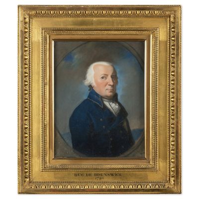 un tableau représentant un homme vêtu d'un manteau bleu et aux cheveux blancs