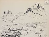dessin représentant une chaîne de montagnes avec une rivière au premier plan