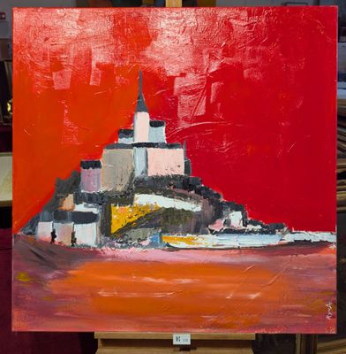 une image représentant un tableau posé sur un chevalet, sur fond rouge