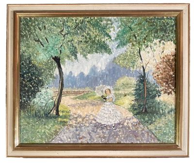 une image représentant un tableau où l'on voit une femme marchant sur un sentier