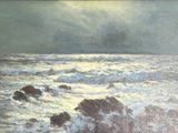 an image of a painting of a body of water with waves coming in