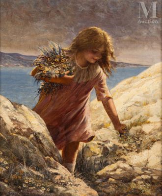 a painting of a young girl carrying a bunch of flowers