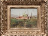 an oil painting of a farm scene in a gold frame