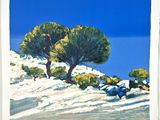an image of a painting of two trees on a snowy hill