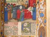 an old book with a picture of a man and woman in a room