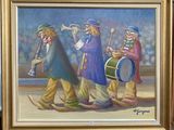 un tableau représentant un groupe de clowns jouant des instruments de musique