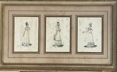 three framed drawings of women in dresses and hats on a wall