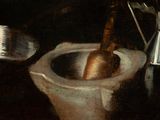 a painting of a mortar and a pitcher on a table