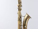 an old saxophone hanging from a string on a white wall