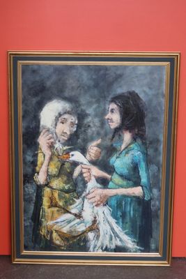 tableau représentant une femme en train de peigner les cheveux d'une autre femme devant un mur rouge