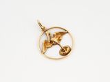a close up of a gold pendant with a bird in a circle