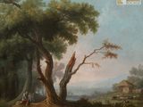 tableau représentant un paysage boisé avec, au premier plan, un homme et un chien