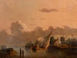 a painting of boats on the water near a shore