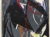 une peinture abstraite représentant un cheval, réalisée à l'aide de peinture rouge, noire et blanche