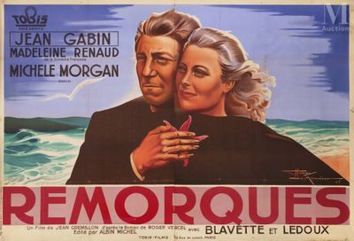 une vieille affiche de cinéma représentant un homme et une femme enlacés sur la plage