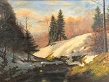 une peinture représentant un ruisseau qui coule à travers une forêt enneigée