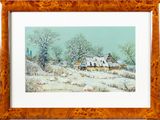a picture of a painting of a house in the snow