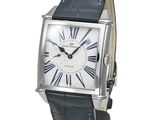 an image of a silver watch with roman numerals on a black strap