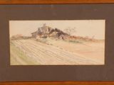 an image of a painting of a farm with a barn in the background