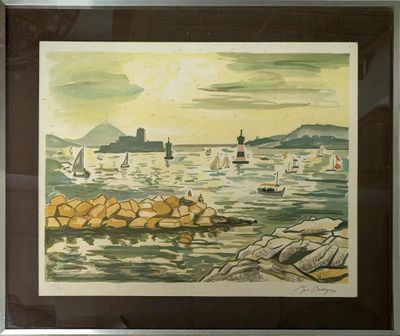 painting of sailboats in the water near rocks and a lighthouse
