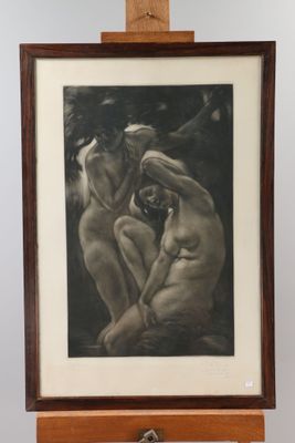 tableau représentant deux nus posant sur un chevalet en bois devant un mur blanc
