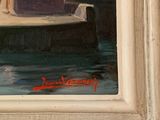 an oil painting of a boat in a body of water with a building in the background