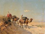 painting of a group of people riding camels down a dirt road