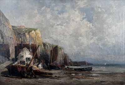 a painting of a boat on the beach near a cliff
