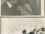 two black and white photos of a man and a little girl playing in the snow