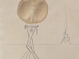 a drawing of a man flying a kite in the sky