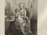 a drawing of a woman holding a baby in her lap