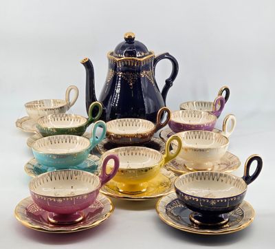 a lot of cups and saucers that are sitting on a table