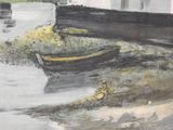 a painting of a boat sitting on the shore of a river