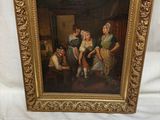 an old painting of a family in a living room with a dog
