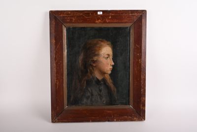 une peinture à l'huile représentant une jeune fille, dans un cadre marron