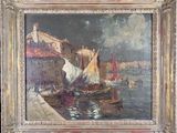 an oil painting of boats in a harbor with buildings in the background