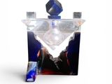 perfume bottle with a blue and white design on it and a lighter