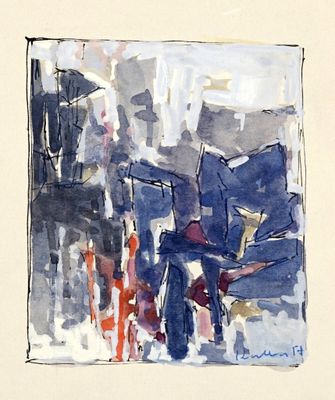 une aquarelle représentant un paysage urbain avec des bâtiments en arrière-plan